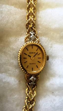 Geneve 14k Solid Gold Quarts Watch & Solid Gold Band w/4 Diamonds