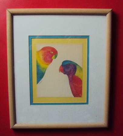 ORIGINAL - WATER COLOR - PAINTING - TERRY MOHOLT - PARROTS - FRAMED