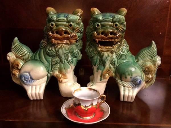 Vintage Chinese Foo Dogs Majolica Style 14