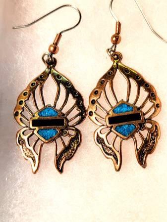 VINAGE COPPER HARLEY BUTTERFLY TURQUOISE EARRINGS MOTORCYCLE