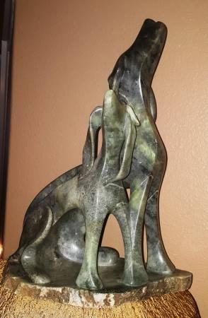 Large Soapstone carved sculpture of two dogs autographed by artist