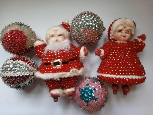 Vintage Sequin Bead & Pin Christmas Ornament Set of 6