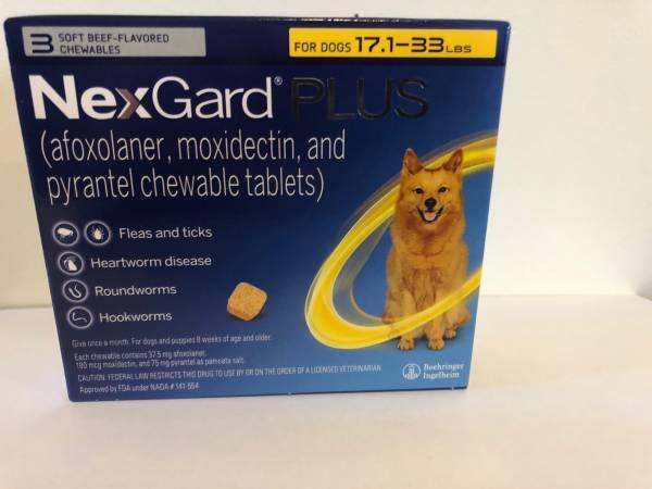 NexGard Plus Flea Tick Heartworm Chew for  Dogs 17 - 33 lbs 3 Pack NEW