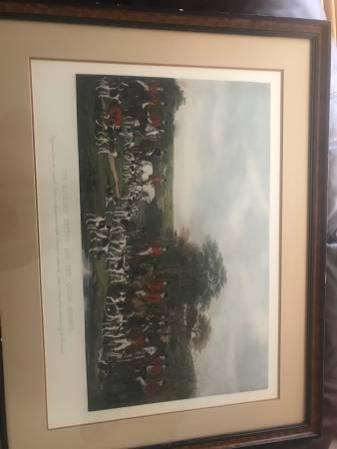 29 x 30 1895 FREDRICK ENGRAVING OF MEN ON HORSEBACK WITH DOGS HUNTING