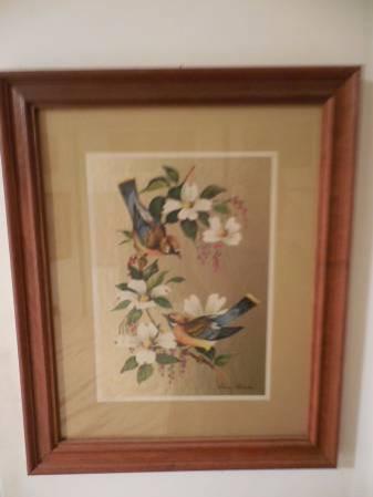 William J Whiteside 2 Birds on Dogwood Branches, framed Print