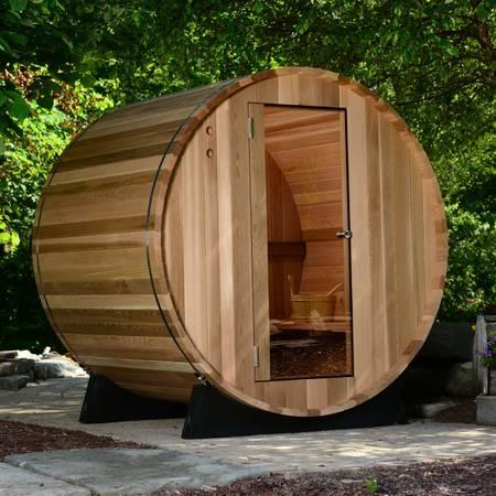 Barrel sauna w/ heater, stones, accessories - free shipping