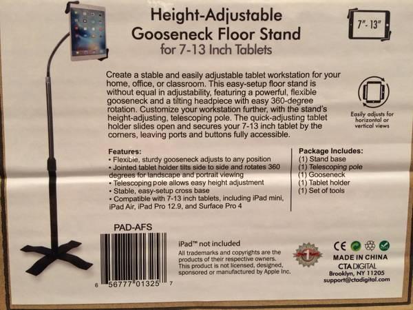 Height Adjustable Gooseneck Floorstand for 7 to 13 inch Tablets - NEW
