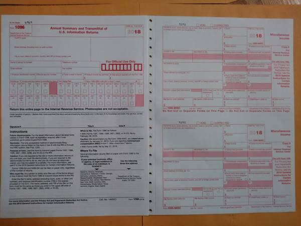 2018 IRS Tax Forms 6 of 1099-MISC Miscellaneous & 1096 Transmittal