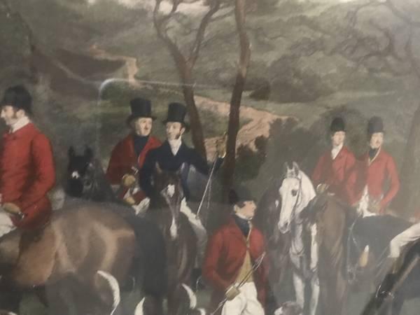 29X30 CHRISTIES/1895 ENGRAVING OF MEN ON HORSEBACK WITH DOGS HUNTING