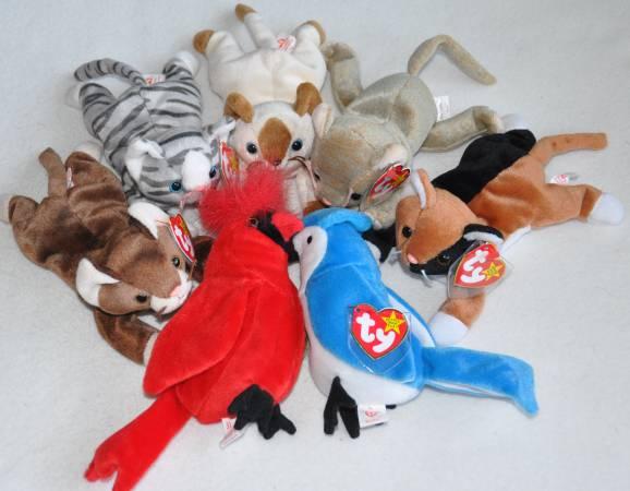 Lot of 7 Retired Ty Beanie Baby Cats & Birds - Pounce, Prance, Rocket