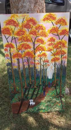 Large Trees People Walking Dogs Wall Art Painting on Canvas