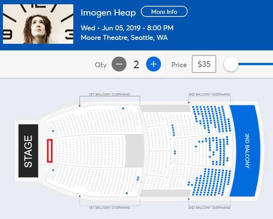2x Imogen Heap tickets - PIT CC, Moore Theatre, 6/5/2019