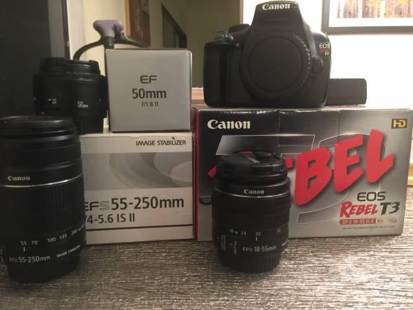 Canon Rebel T3 DSLR Camera 18-55 kit lens, 50 1.8, and 55-250 lenses