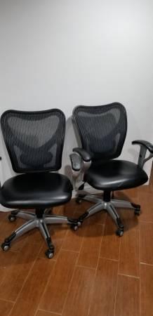 Two Leather Mesh Back Adjustable Office Chairs Black
