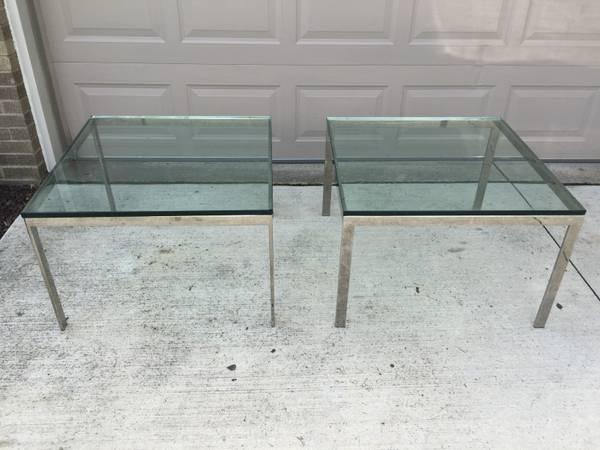 Pair Vintage Modern Heavy Glass End Tables Square from Auto Exec Lobby