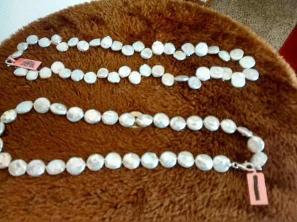New 2 Styles Freshwater White Coin Pearl Necklaces .925 silver