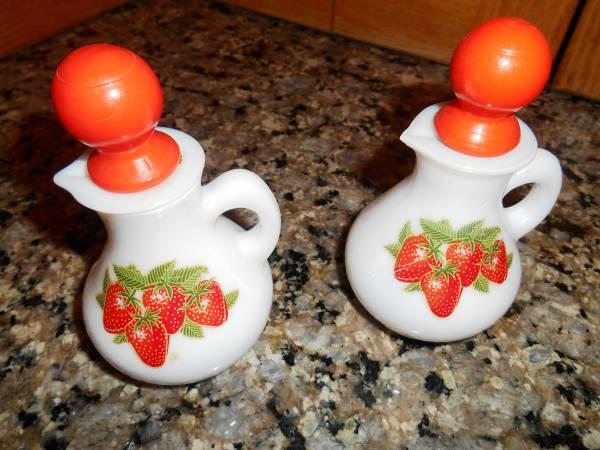 Vintage Pair of Milk Glass Strawberry and Cream Glass Bottles