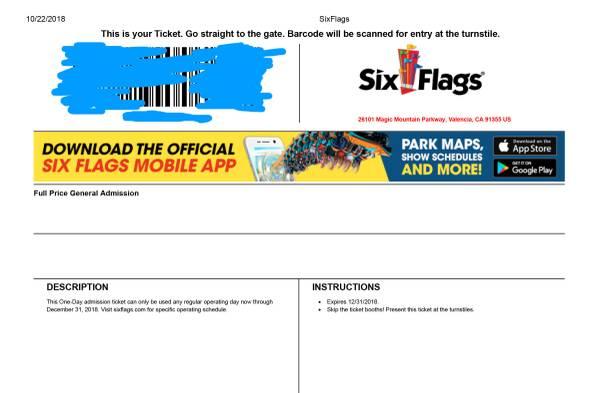 Selling Six Flag Magic Mountain Fright Fest Ticket