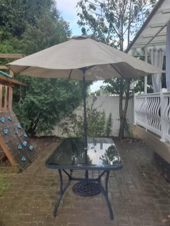 Outside patio outdoor Glass Table for 6 with umbrella and stand