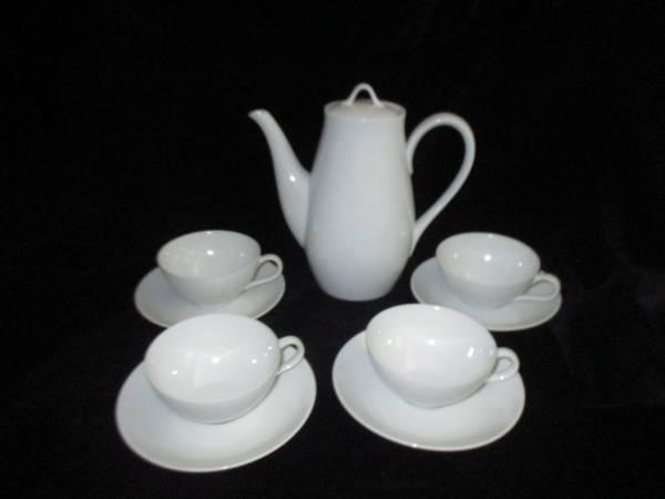 New White Porcelain tall tea pot, 4 tea cups, Cream & Sugar, 6 Plates