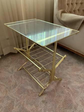 Hollywood Regency Glass Side Table Stand Shelf Brass