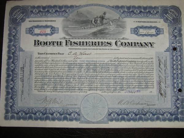 1915 Stock Certificate- Booth Fisheries Company