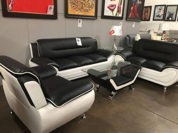 CONTEMPORARY BLACK AND WHITE LEATHER SOFA, LOVE SEAT AND CHAIR, NEW