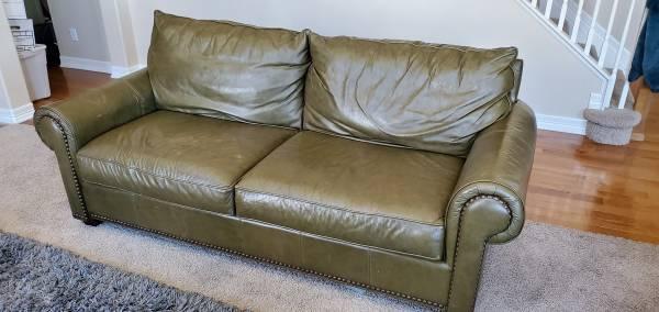 Green leather custom couch from Bassett home furnishings