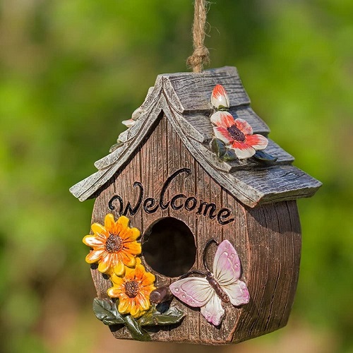BUTTERFLY AND FLOWERS WELCOME DECORATIVE HAND-PAINTED BIRD HOUSE